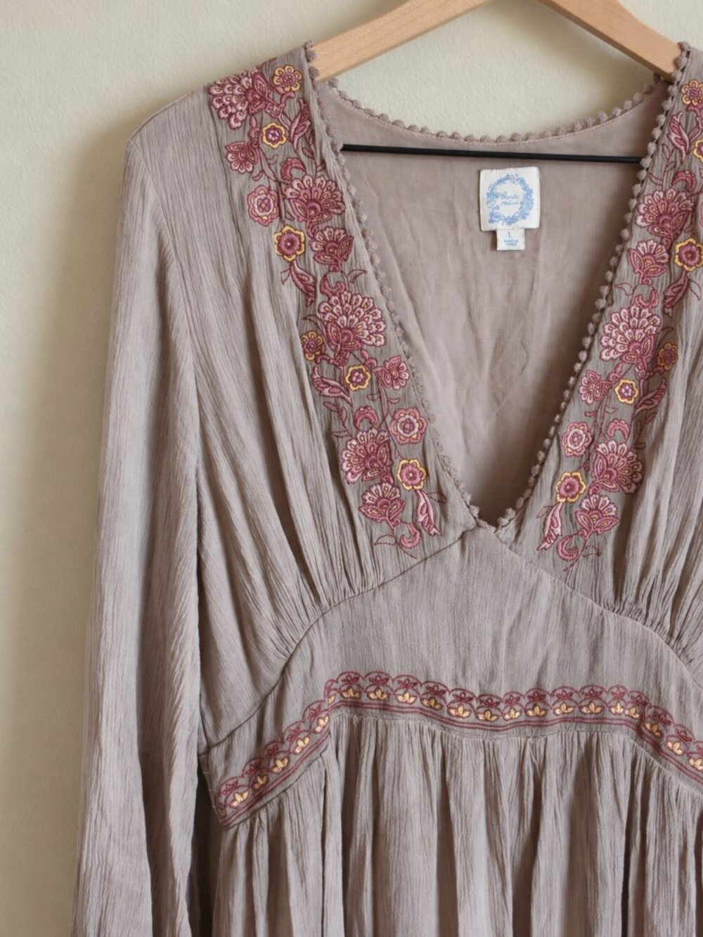 Blue Rain Francesca's Taupe Floral Embroidered Boho Maxi Dress L